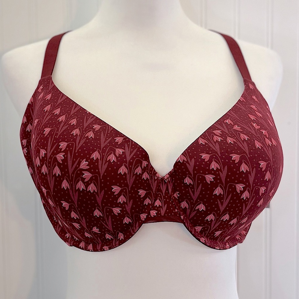 Auden "Everyday" Lightly Lined Demi Coverage Underwire Bra Burgundy Floral Dot